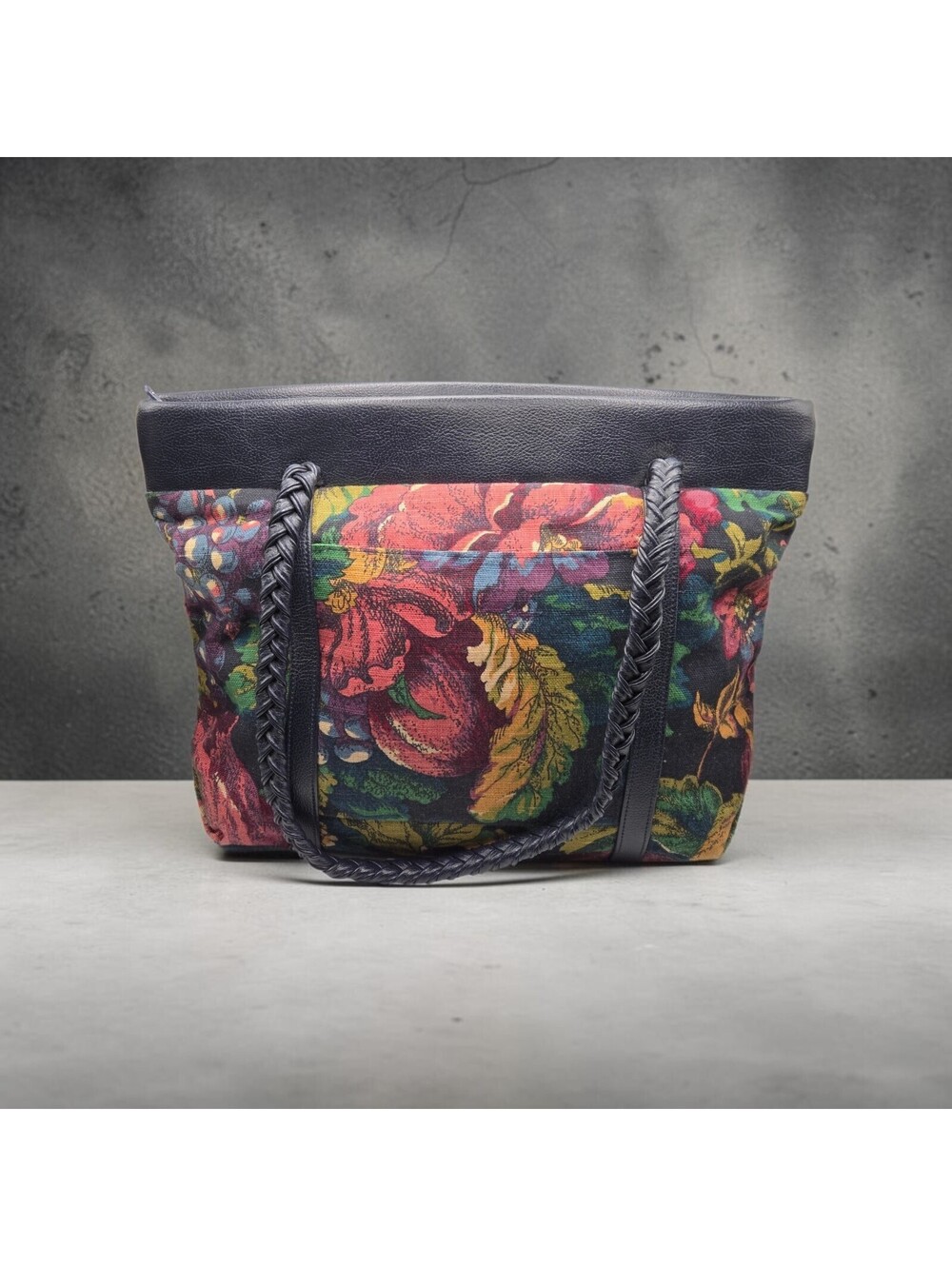 Vintage Floral Printed Canvas Carpet Bag Tote Satchel Dark Trim Braided Handles